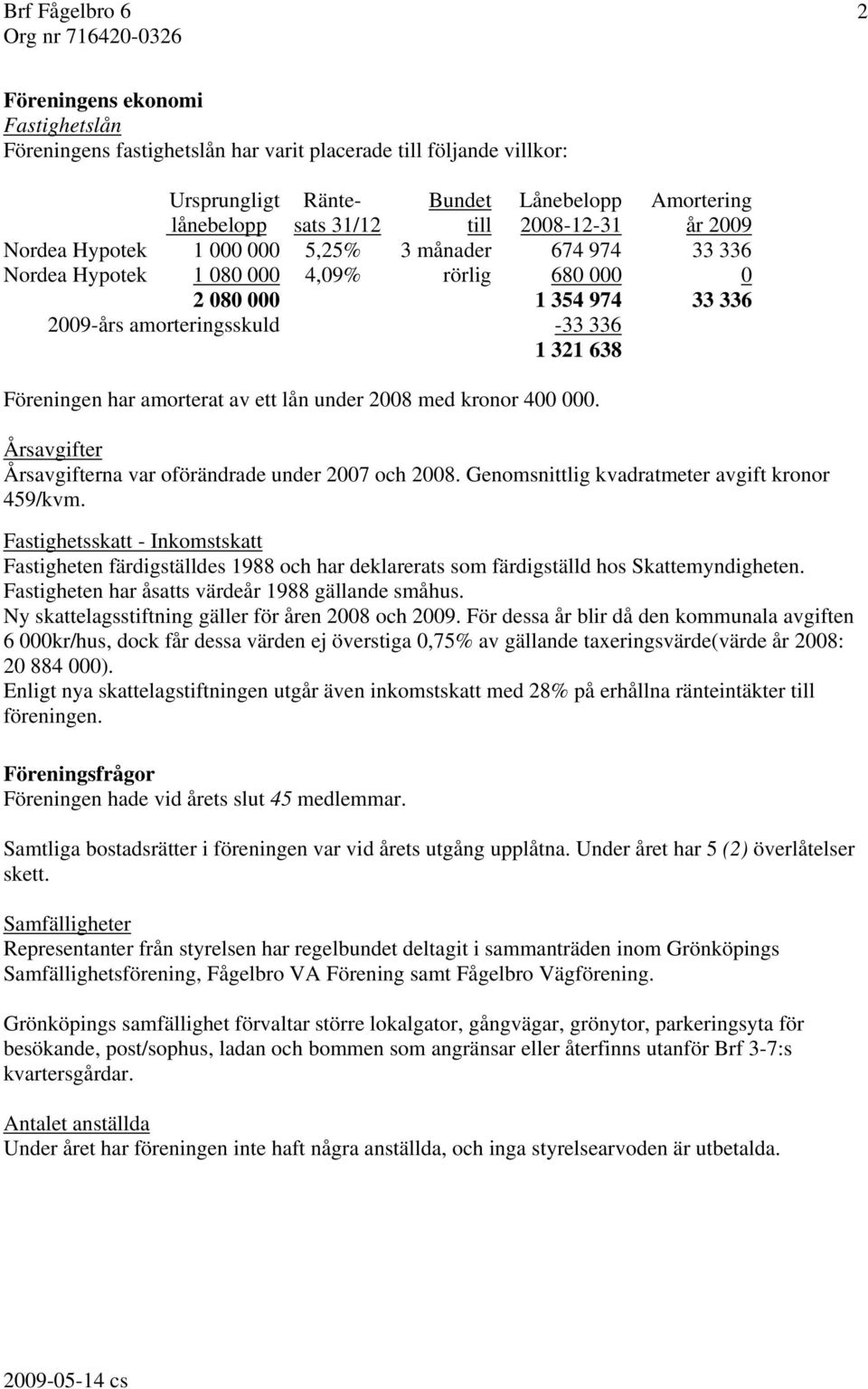 1 321 638 Föreningen har amorterat av ett lån under 2008 med kronor 400 000. Årsavgifter Årsavgifterna var oförändrade under 2007 och 2008. Genomsnittlig kvadratmeter avgift kronor 459/kvm.