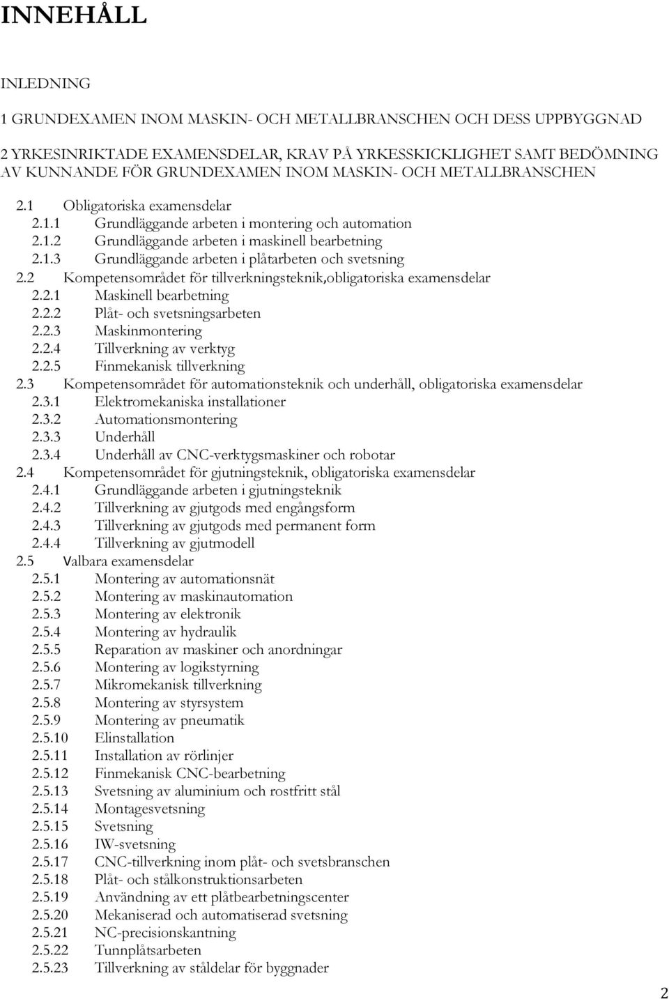 2 Kompetensområdet för tillverkningsteknik,obligatoriska examensdelar 2.2.1 Maskinell bearbetning 2.2.2 Plåt- och svetsningsarbeten 2.2.3 Maskinmontering 2.2.4 Tillverkning av verktyg 2.2.5 Finmekanisk tillverkning 2.