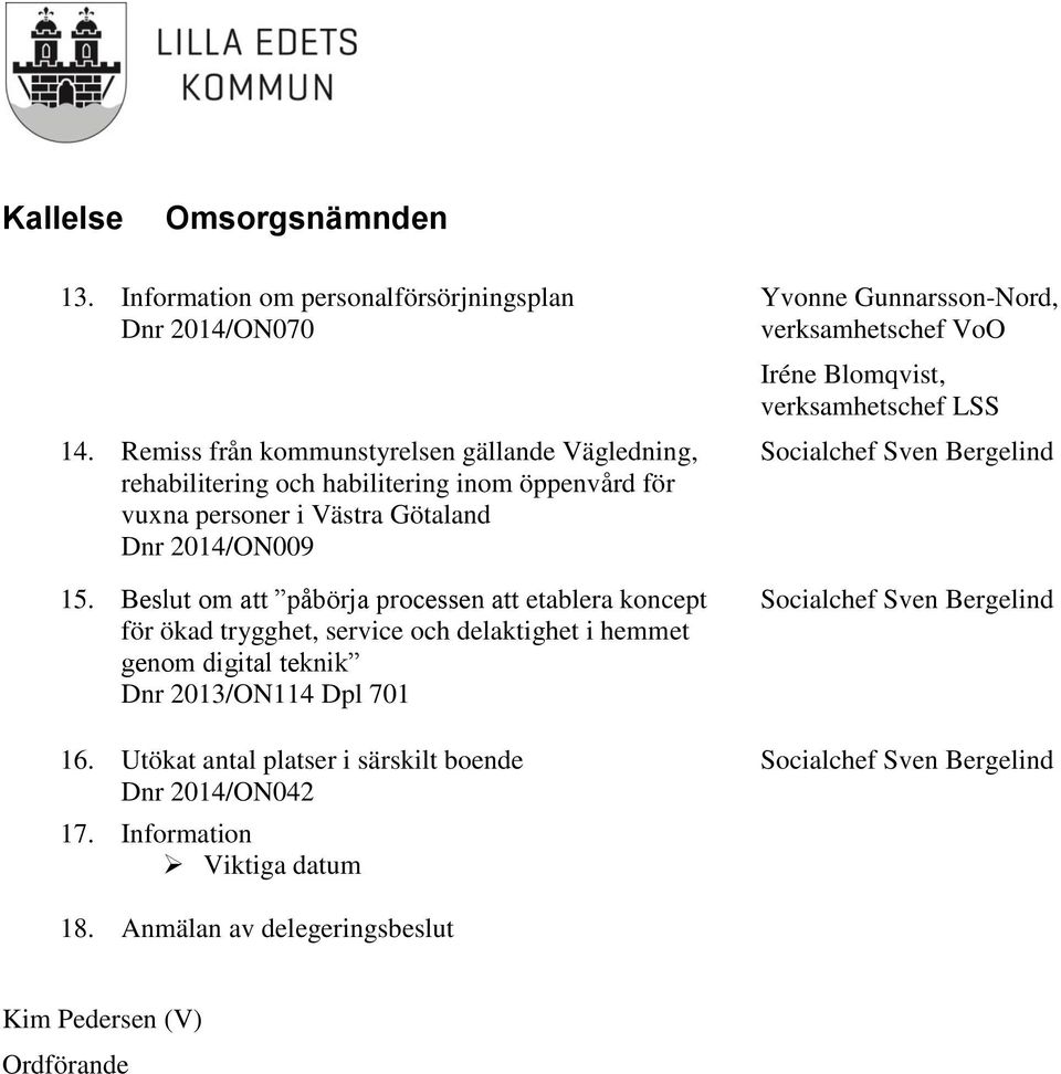 Beslut om att påbörja processen att etablera koncept för ökad trygghet, service och delaktighet i hemmet genom digital teknik Dnr 2013/ON114 Dpl 701 16.