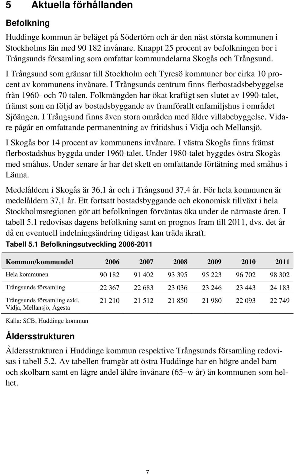 I Trångsund som gränsar till Stockholm och Tyresö kommuner bor cirka 10 procent av kommunens invånare. I Trångsunds centrum finns flerbostadsbebyggelse från 1960- och 70 talen.