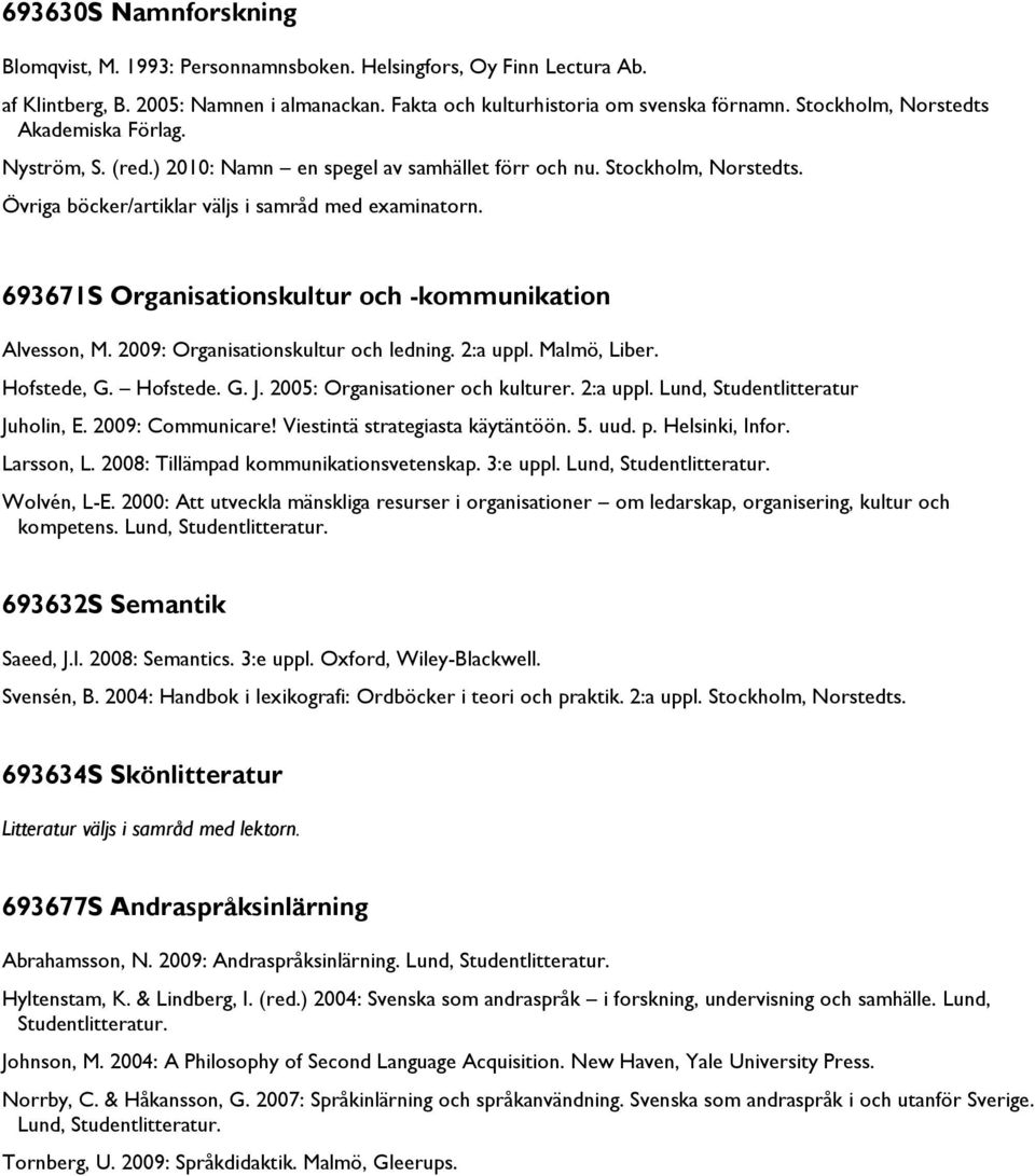 2009: Organisationskultur och ledning. 2:a uppl. Malmö, Liber. Hofstede, G. Hofstede. G. J. 2005: Organisationer och kulturer. 2:a uppl. Lund, Studentlitteratur Juholin, E. 2009: Communicare!