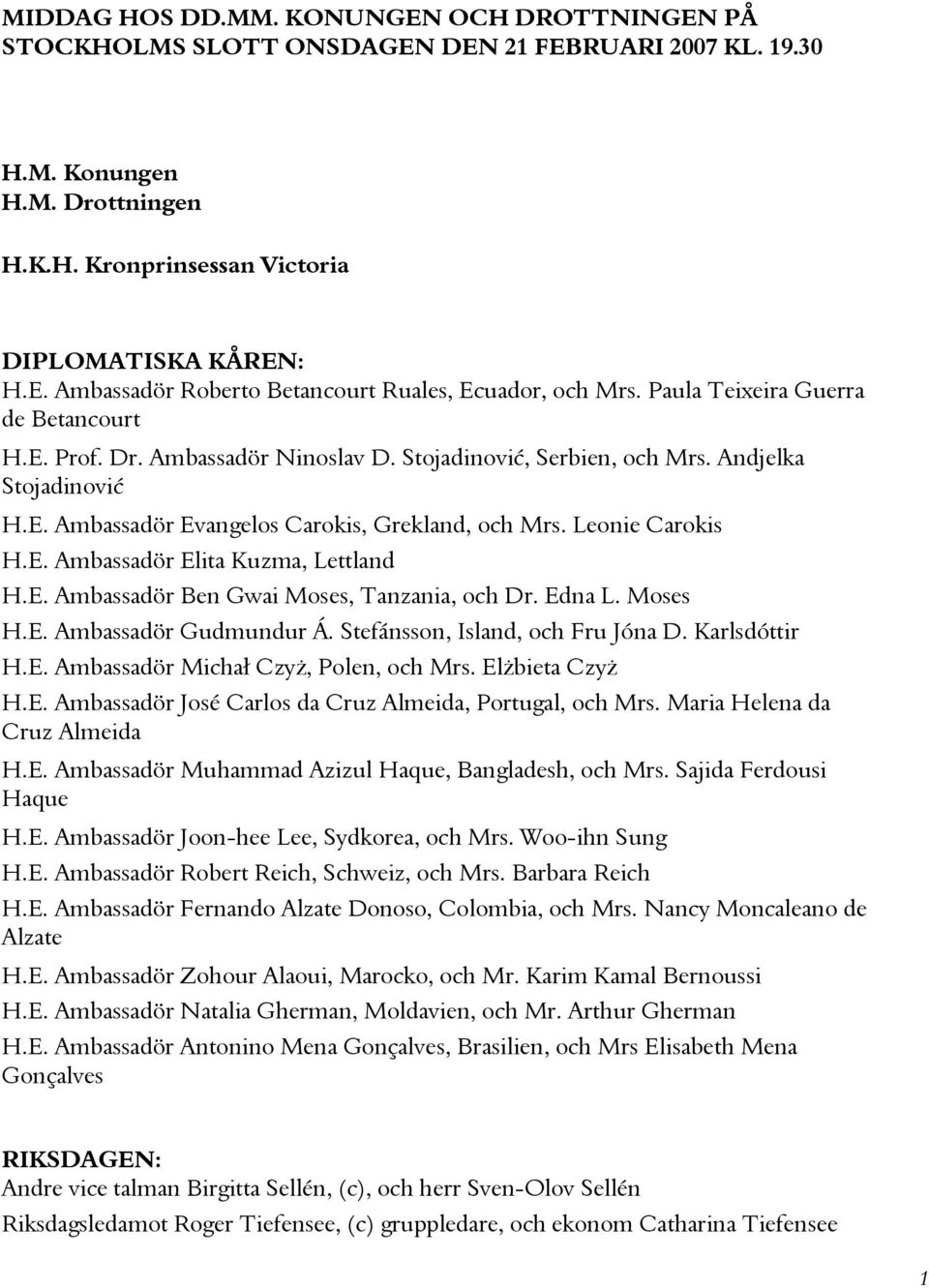 E. Ambassadör Elita Kuzma, Lettland H.E. Ambassadör Ben Gwai Moses, Tanzania, och Dr. Edna L. Moses H.E. Ambassadör Gudmundur Á. Stefánsson, Island, och Fru Jóna D. Karlsdóttir H.E. Ambassadör Michał Czyż, Polen, och Mrs.