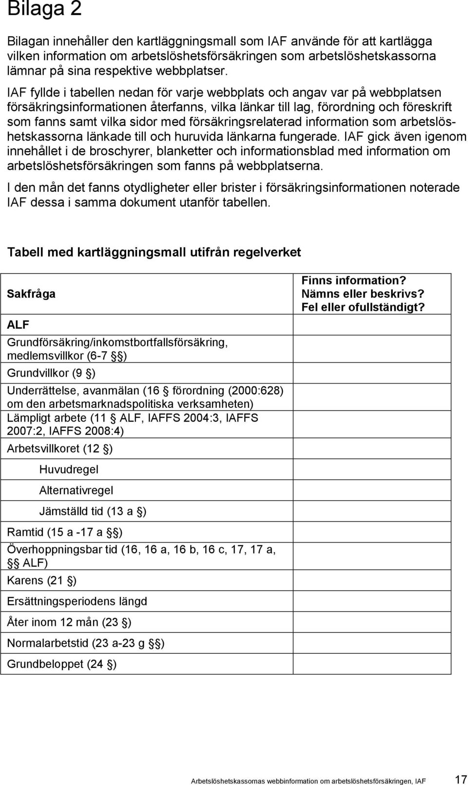 försäkringsrelaterad information som arbetslöshetskassorna länkade till och huruvida länkarna fungerade.