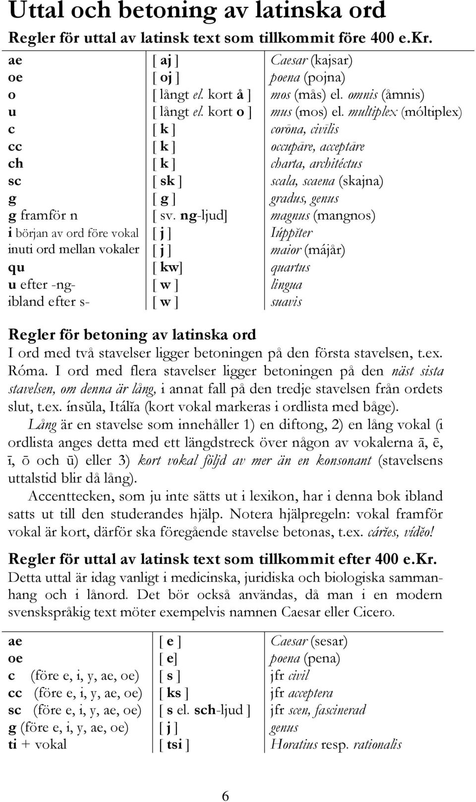 multiplex (móltiplex) c [ k ] corōna, civīlis cc [ k ] occupāre, acceptāre ch [ k ] charta, architéctus sc [ sk ] scala, scaena (skajna) g [ g ] gradus, genus g framför n [ sv.