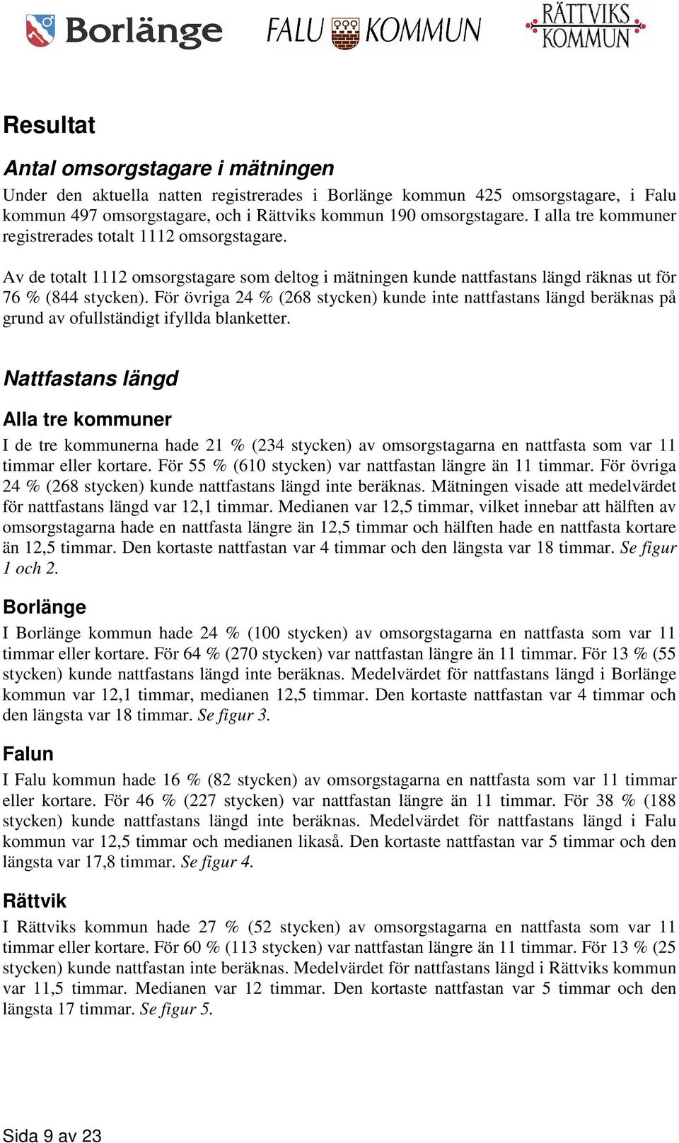 För övriga 24 % (268 stycken) kunde inte nattfastans längd beräknas på grund av ofullständigt ifyllda blanketter.