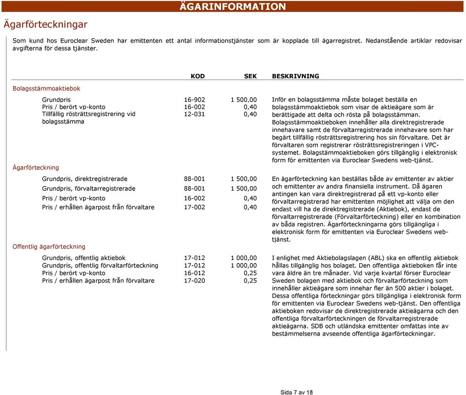 Bolagsstämmoaktiebok Ägarförteckning Grundpris 16-902 1 500,00 Pris / berört vp-konto 16-002 0,40 Tillfällig rösträttsregistrering vid 12-031 0,40 bolagsstämma Grundpris, direktregistrerade 88-001 1