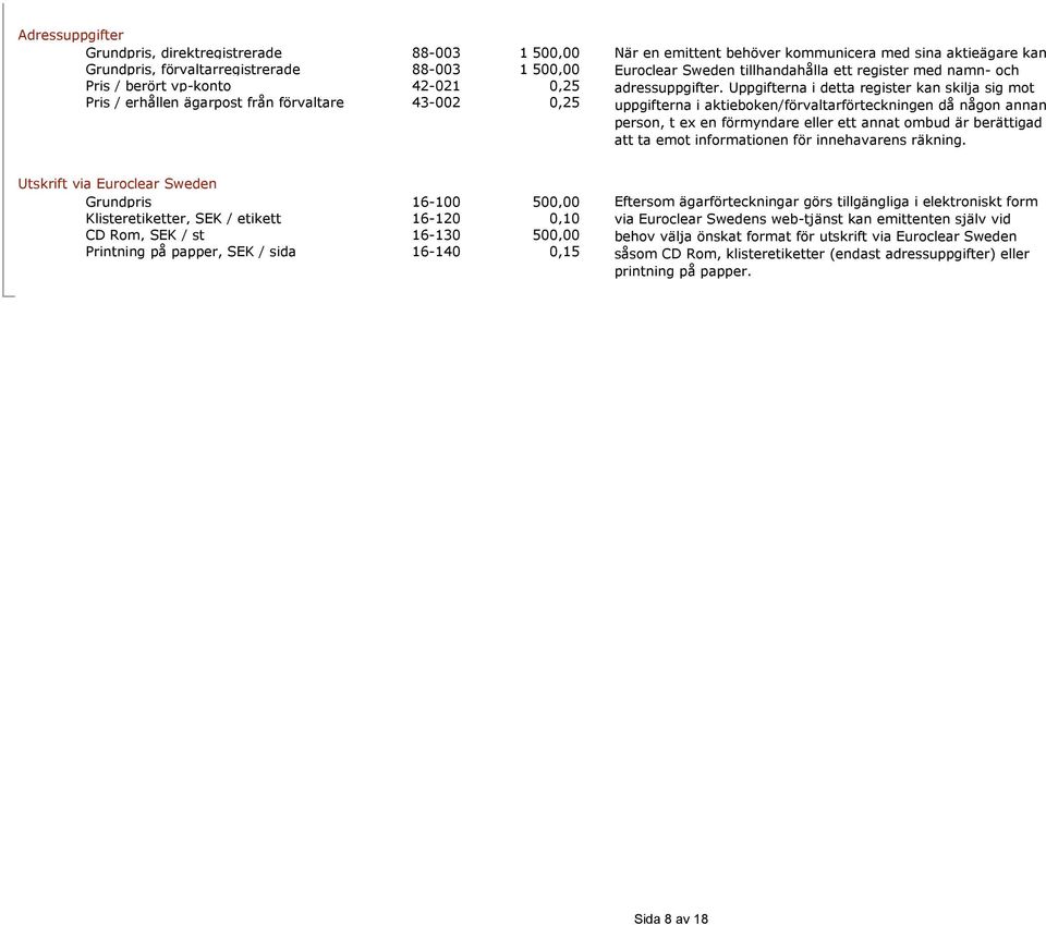 Uppgifterna i detta register kan skilja sig mot uppgifterna i aktieboken/förvaltarförteckningen då någon annan person, t ex en förmyndare eller ett annat ombud är berättigad att ta emot informationen