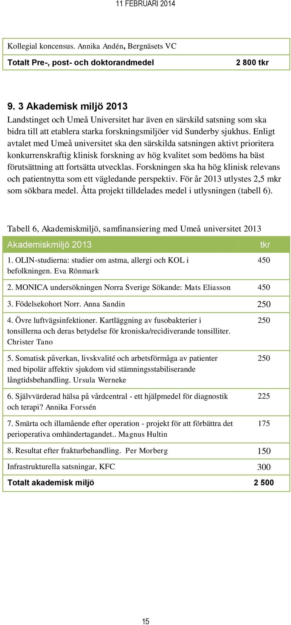 Enligt avtalet med Umeå universitet ska den särskilda satsningen aktivt prioritera konkurrenskraftig klinisk forskning av hög kvalitet som bedöms ha bäst förutsättning att fortsätta utvecklas.