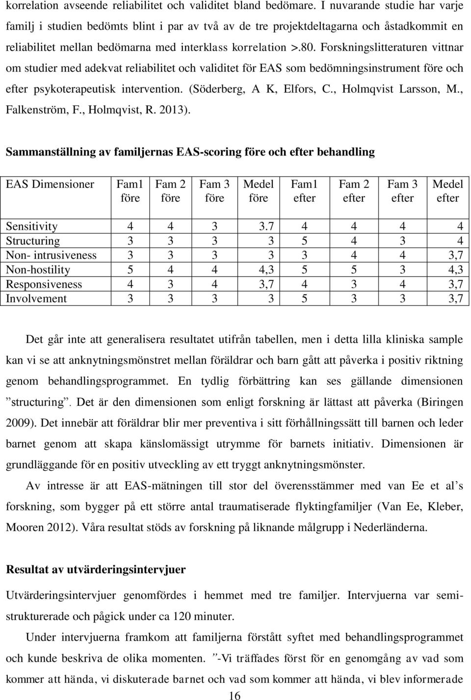 Forskningslitteraturen vittnar om studier med adekvat reliabilitet och validitet för EAS som bedömningsinstrument före och efter psykoterapeutisk intervention. (Söderberg, A K, Elfors, C.