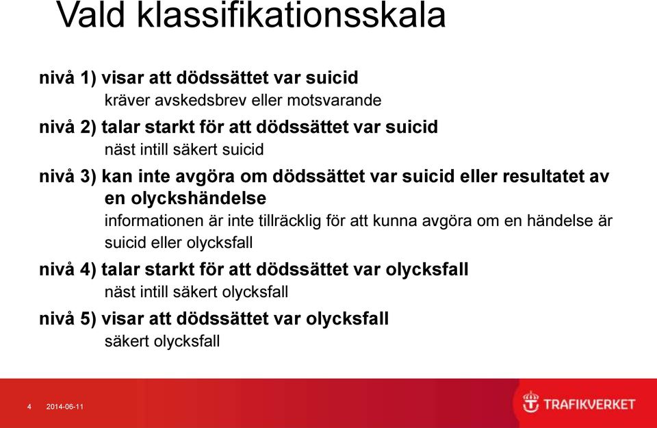 olyckshändelse informationen är inte tillräcklig för att kunna avgöra om en händelse är suicid eller olycksfall nivå 4) talar