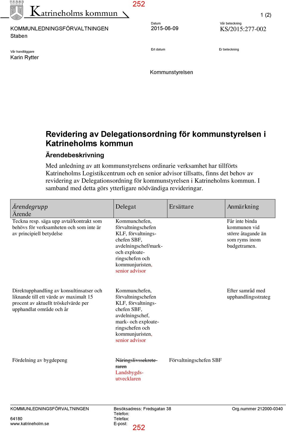 det behov av revidering av Delegationsordning för kommunstyrelsen i Katrineholms kommun. I samband med detta görs ytterligare nödvändiga revideringar. Ärendegrupp Ärende Teckna resp.