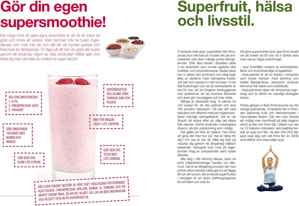 Måtta själv och testa dig fram så hittar du snabbt en egen favorit! Välj din smoothiebas: 1. A-fil 2. Färskpressad juice 3.