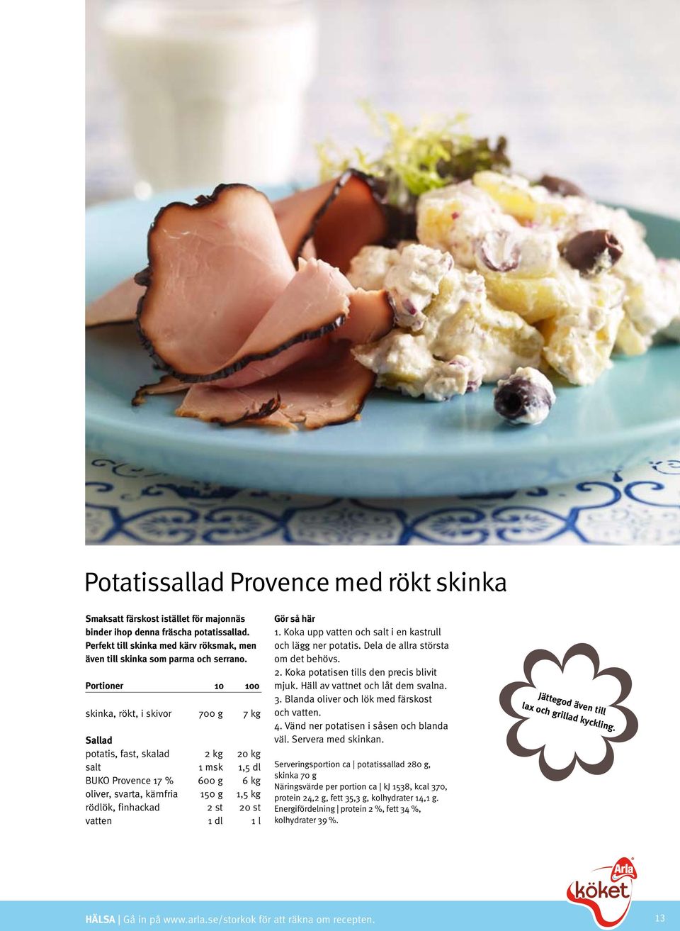 skinka, rökt, i skivor 700 g 7 kg Sallad potatis, fast, skalad 2 kg 20 kg salt 1 msk 1,5 dl BUKO Provence 17 % 600 g 6 kg oliver, svarta, kärnfria 150 g 1,5 kg rödlök, finhackad 2 st 20 st vatten 1