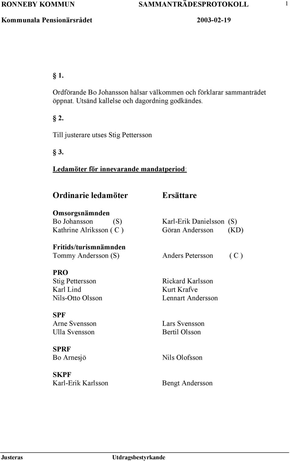 Ledamöter för innevarande mandatperiod: Ordinarie ledamöter Ersättare Omsorgsnämnden Bo Johansson (S) Karl-Erik Danielsson (S) Kathrine Alriksson ( C )