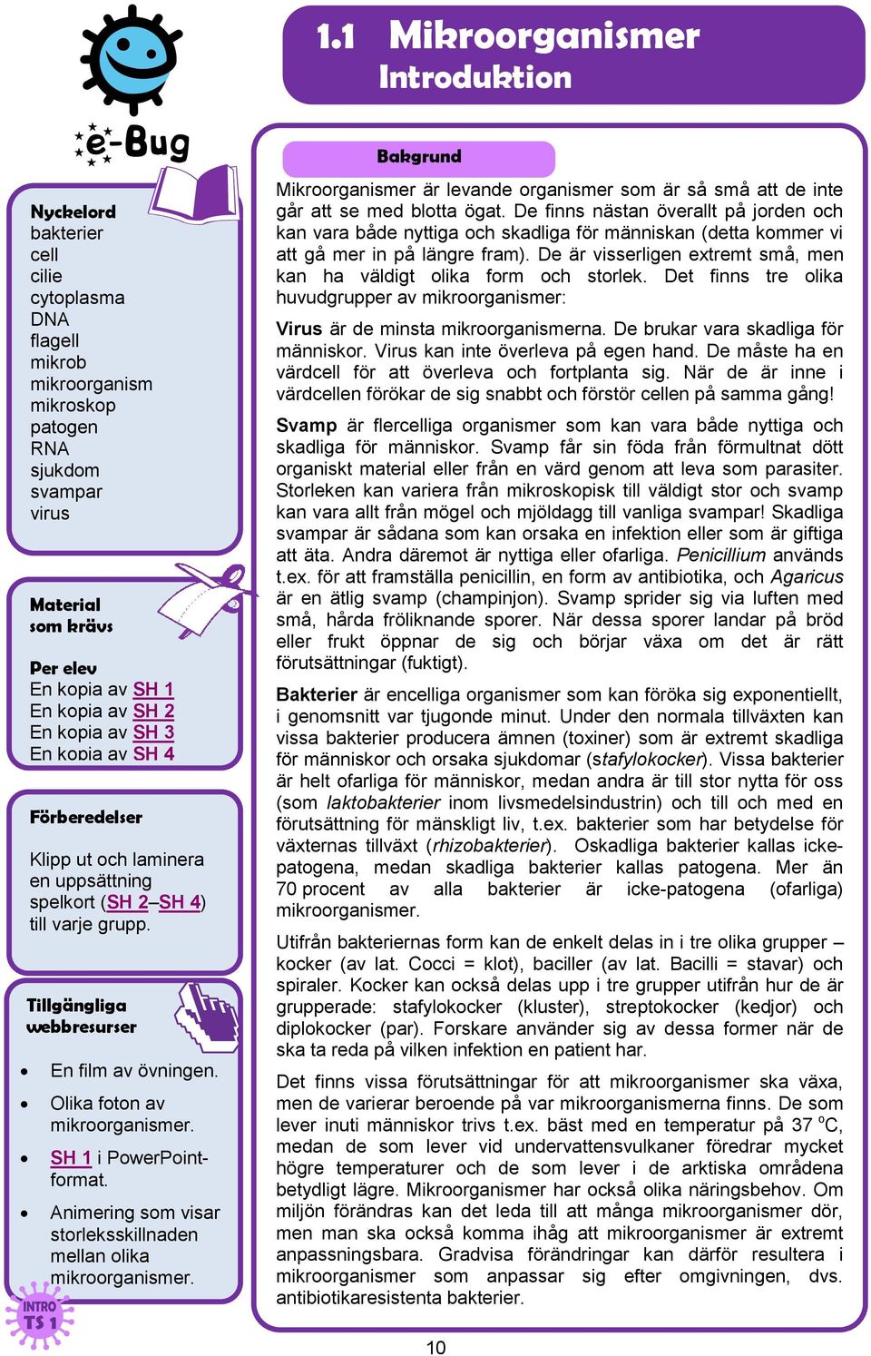 Olika foton av mikroorganismer. SH 1 i PowerPointformat. Animering som visar storleksskillnaden mellan olika mikroorganismer.