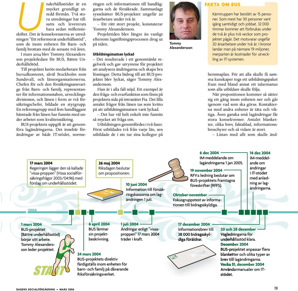 I mars 2004 blev Tommy Alexandersson projektledare för BUS, Bättre UnderhållsStöd. Till projektet knöts medarbetare från huvudkontoret, såväl Stockholm som Sundsvall, och länsorganisationerna.