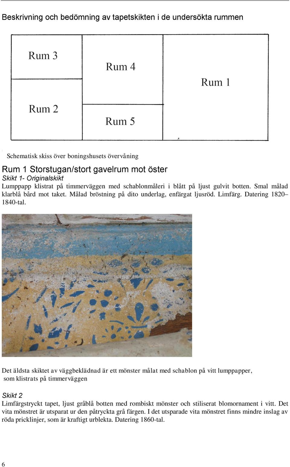 Det äldsta skiktet av väggbeklädnad är ett mönster målat med schablon på vitt lumppapper, som klistrats på timmerväggen Skikt 2 Limfärgstryckt tapet, ljust gråblå botten med rombiskt mönster och
