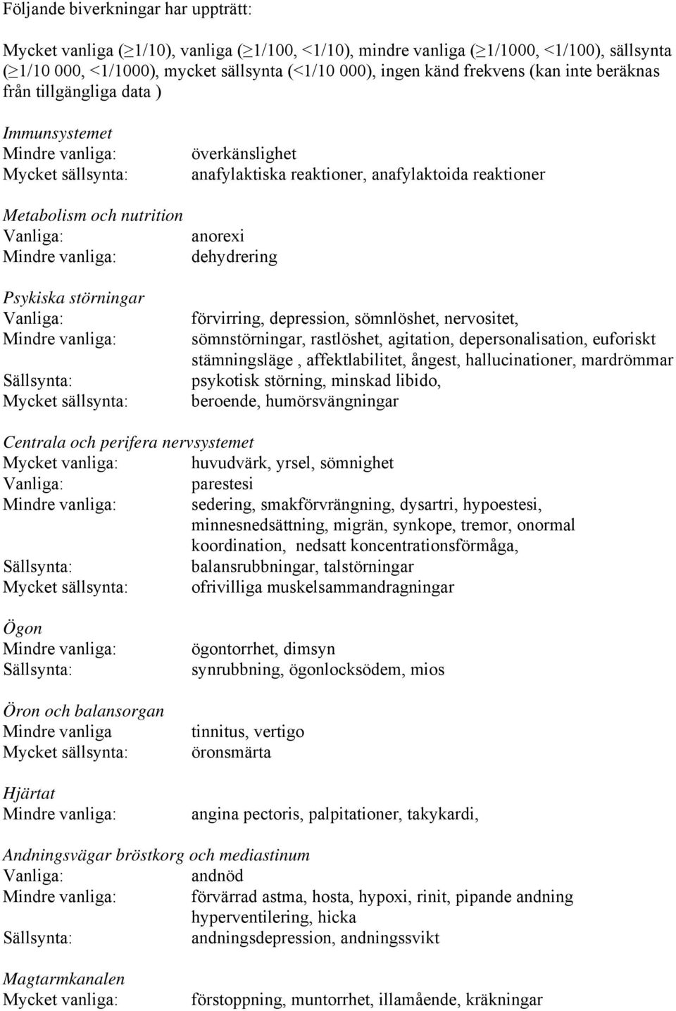 anafylaktoida reaktioner anorexi dehydrering förvirring, depression, sömnlöshet, nervositet, sömnstörningar, rastlöshet, agitation, depersonalisation, euforiskt stämningsläge, affektlabilitet,