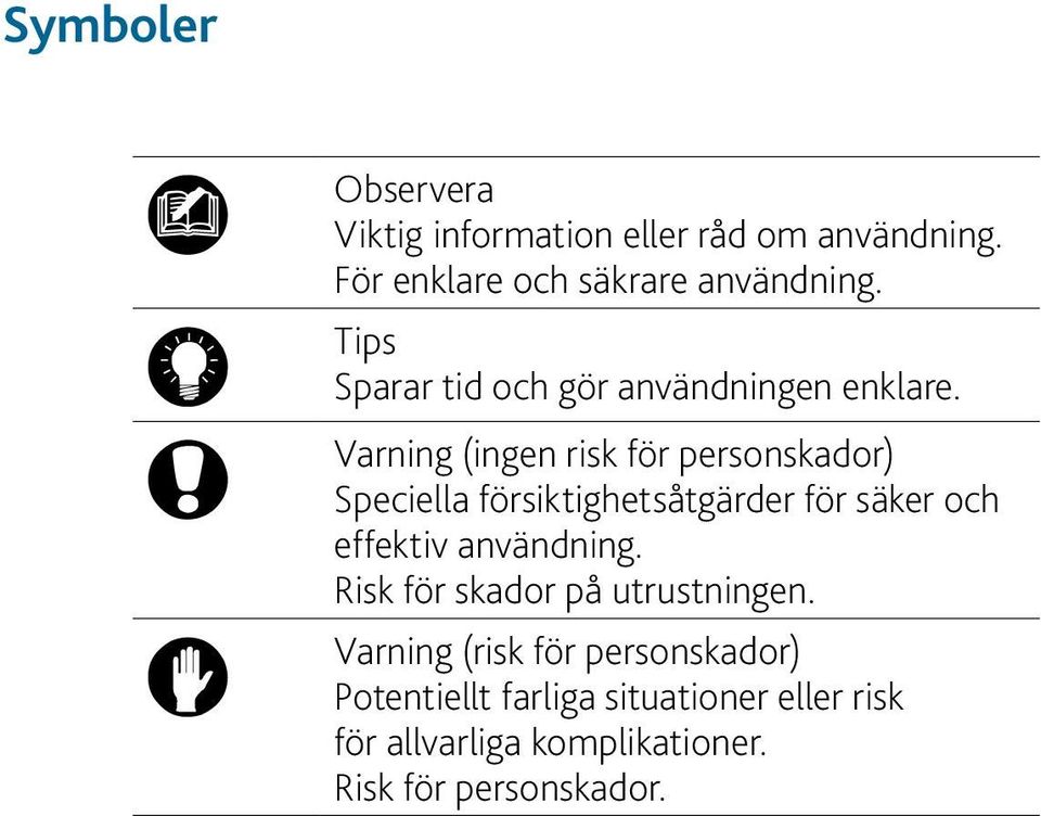 Varning (ingen risk för personskador) Speciella försiktighetsåtgärder för säker och effektiv