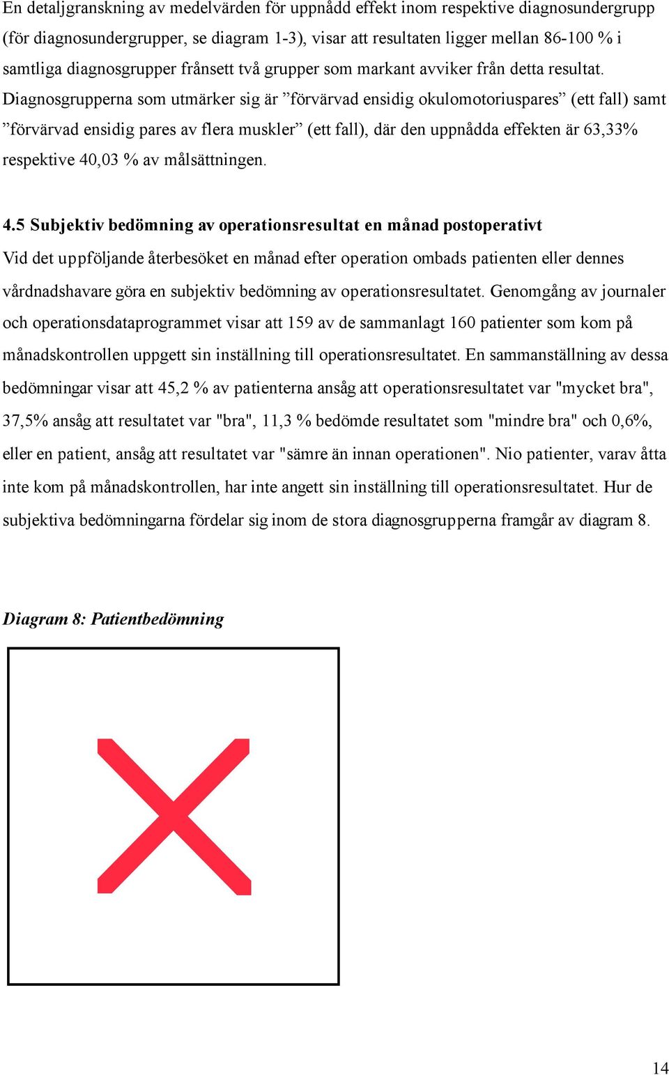 Diagnosgrupperna som utmärker sig är förvärvad ensidig okulomotoriuspares (ett fall) samt förvärvad ensidig pares av flera muskler (ett fall), där den uppnådda effekten är 63,33% respektive 40,03 %