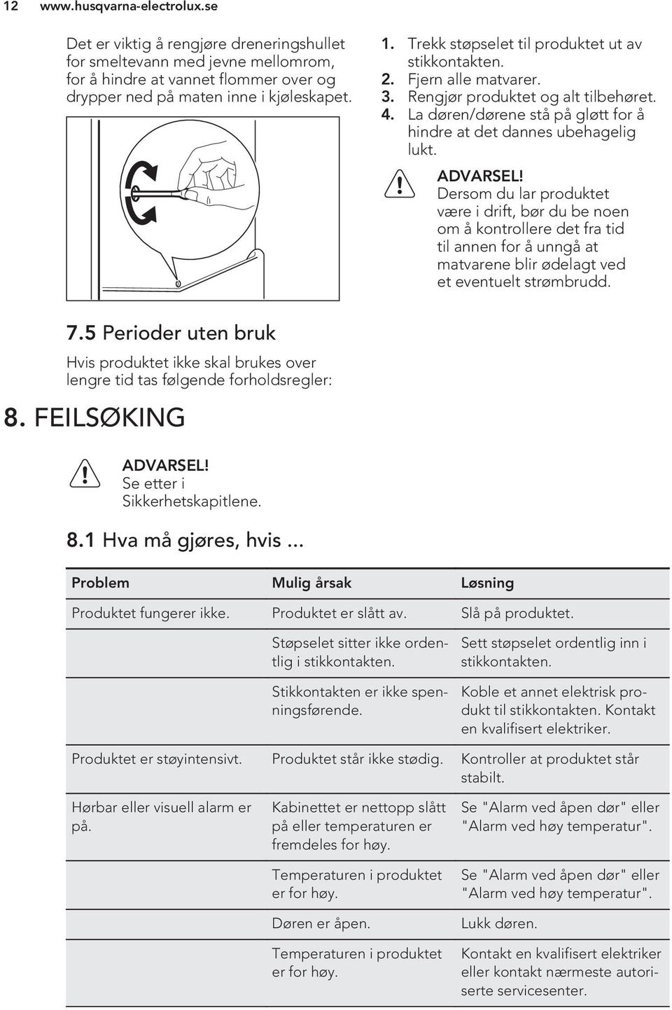 Dersom du lar produktet være i drift, bør du be noen om å kontrollere det fra tid til annen for å unngå at matvarene blir ødelagt ved et eventuelt strømbrudd. 7.