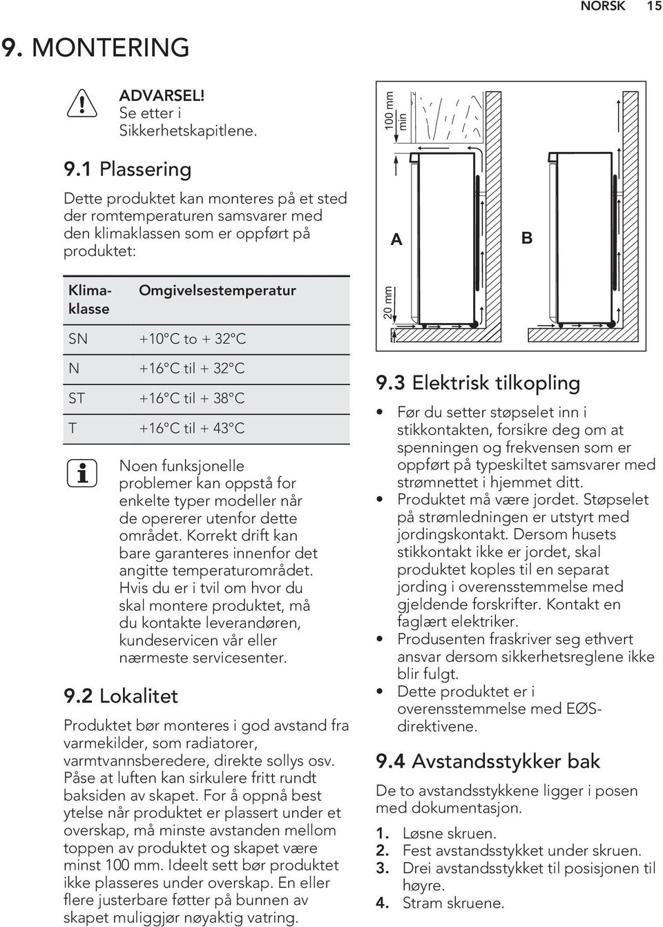 1 Plassering Dette produktet kan monteres på et sted der romtemperaturen samsvarer med den klimaklassen som er oppført på produktet: 100 mm min A B Klimaklasse Omgivelsestemperatur 20 mm SN +10 C to