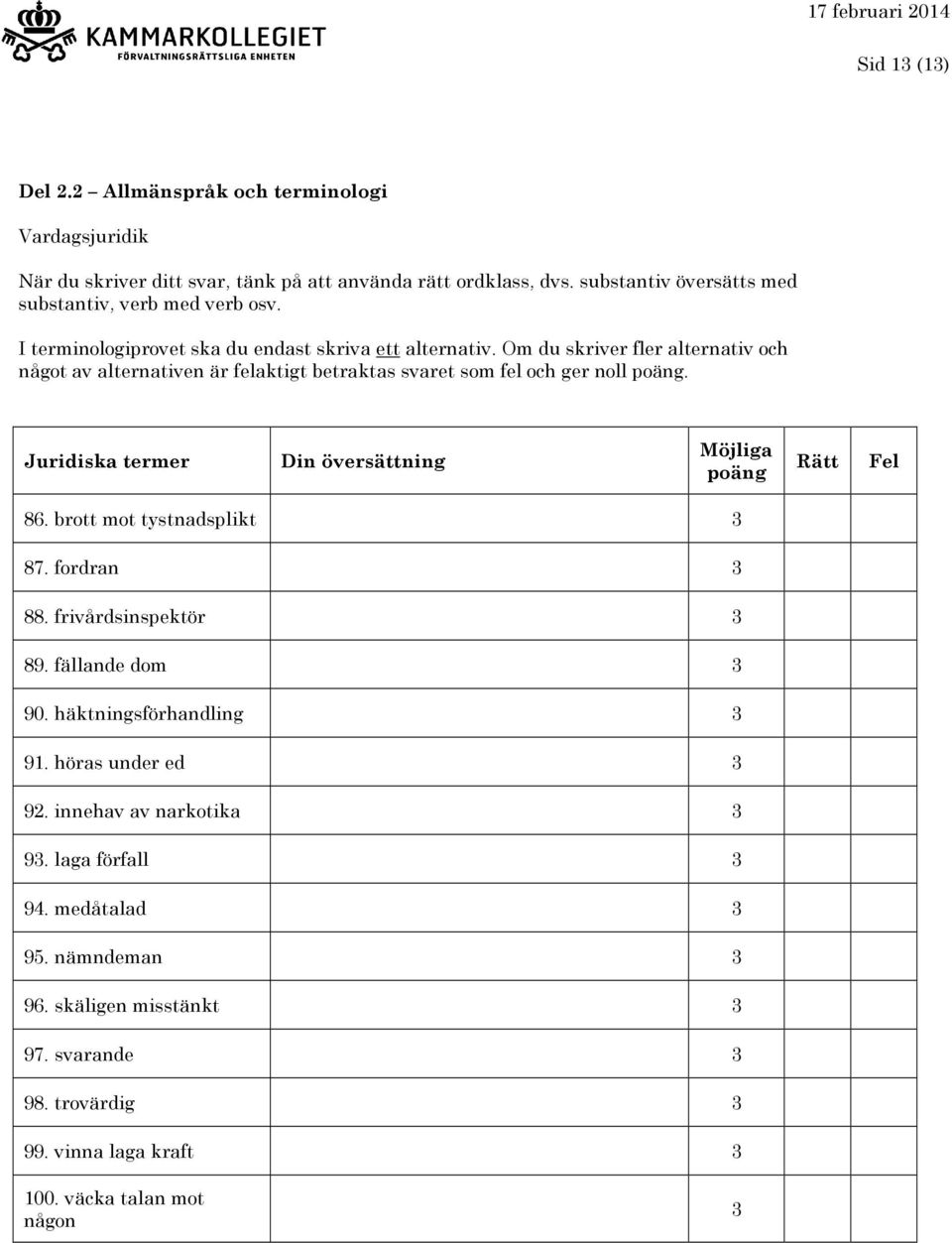 Om du skriver fler alternativ och något av alternativen är felaktigt betraktas svaret som fel och ger noll. Juridiska termer 86. brott mot tystnadsplikt 87.