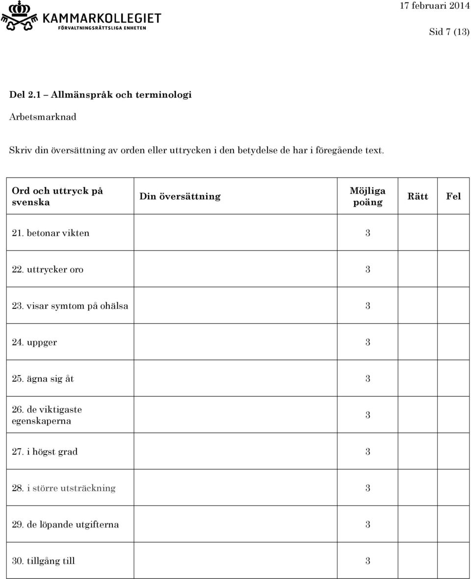 uttrycker oro 2. visar symtom på ohälsa 24. uppger 25. ägna sig åt 26.