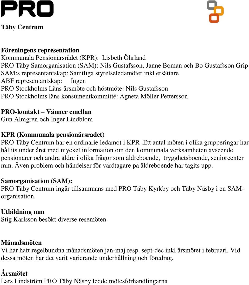 Vänner emellan Gun Almgren och Inger Lindblom KPR (Kommunala pensionärsrådet) PRO Täby Centrum har en ordinarie ledamot i KPR.