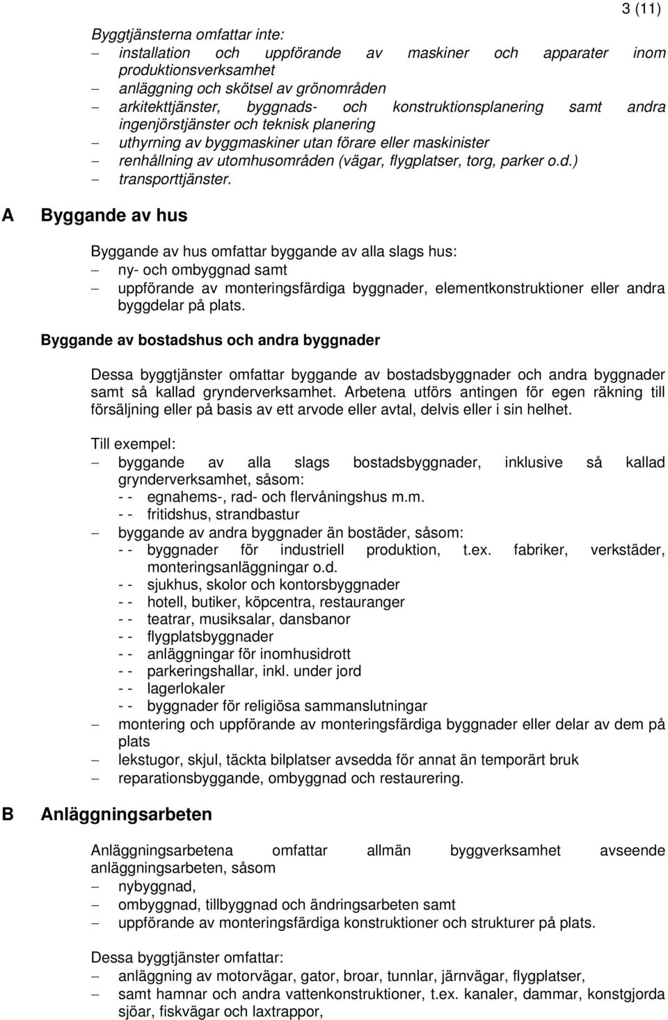 A Byggande av hus Byggande av hus omfattar byggande av alla slags hus: ny- och ombyggnad samt uppförande av monteringsfärdiga byggnader, elementkonstruktioner eller andra byggdelar på plats.