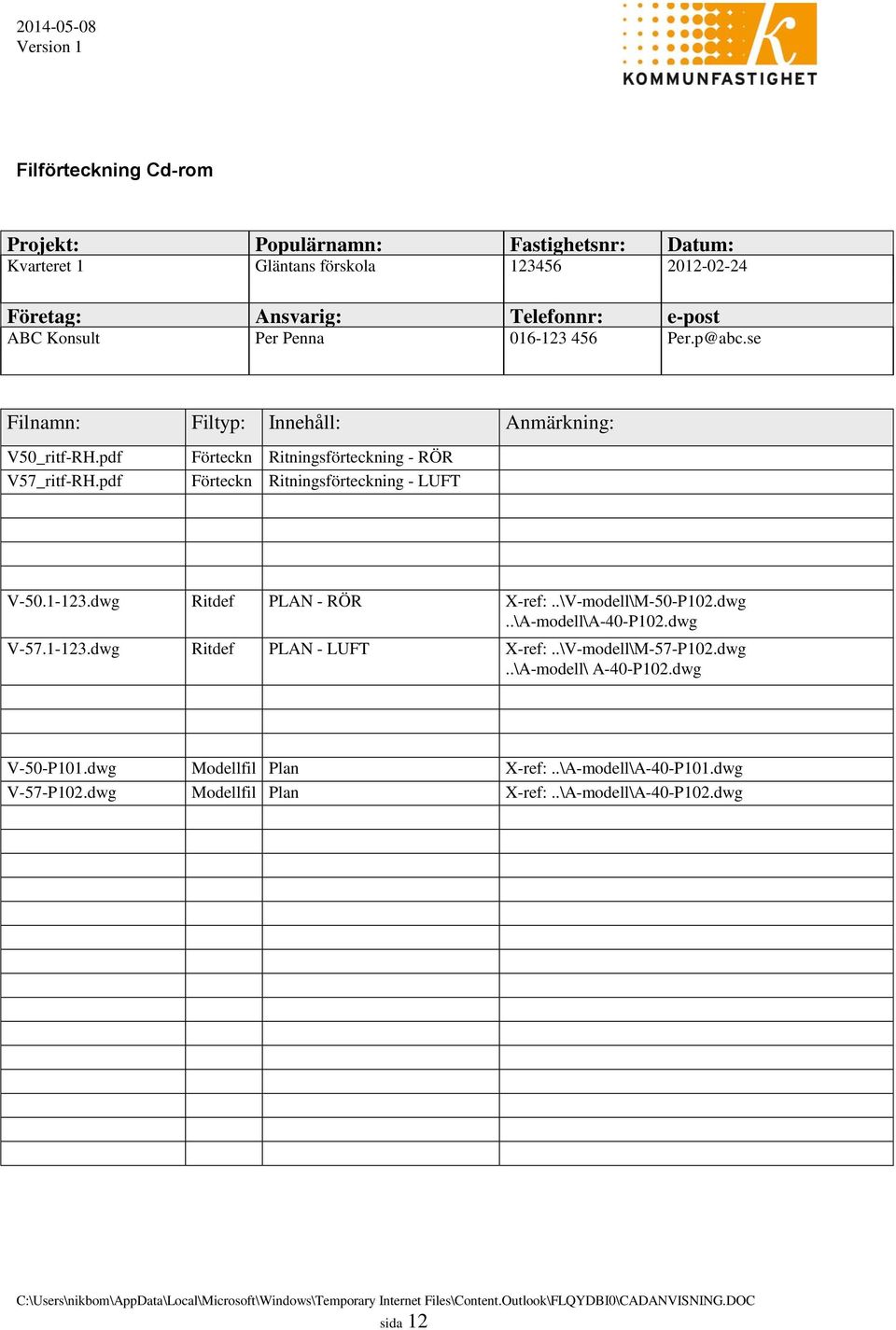 pdf Förteckn ing Förteckn ing Ritningsförteckning - RÖR Ritningsförteckning - LUFT V-50.1-123.dwg Ritdef PLAN - RÖR X-ref:..\V-modell\M-50-P102.dwg..\A-modell\A-40-P102.