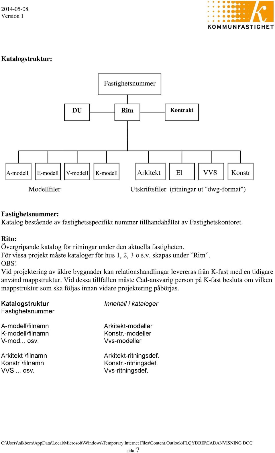 För vissa projekt måste kataloger för hus 1, 2, 3 o.s.v. skapas under Ritn. OBS! Vid projektering av äldre byggnader kan relationshandlingar levereras från K-fast med en tidigare använd mappstruktur.