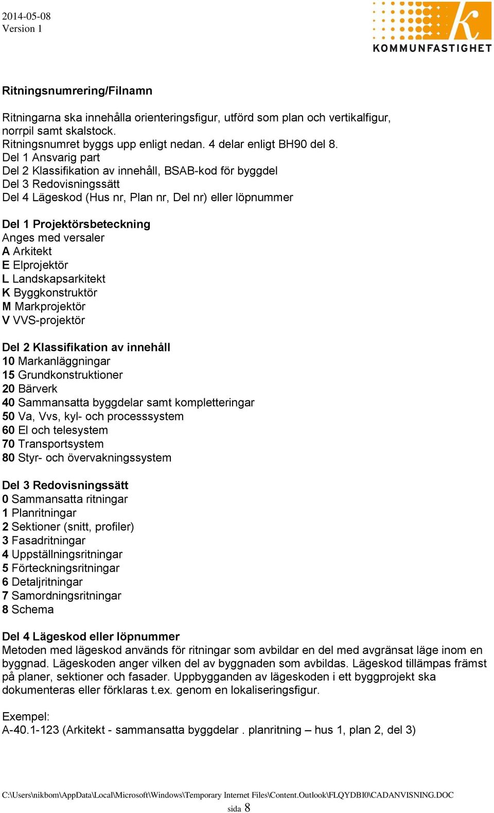 versaler A Arkitekt E Elprojektör L Landskapsarkitekt K Byggkonstruktör M Markprojektör V VVS-projektör Del 2 Klassifikation av innehåll 10 Markanläggningar 15 Grundkonstruktioner 20 Bärverk 40