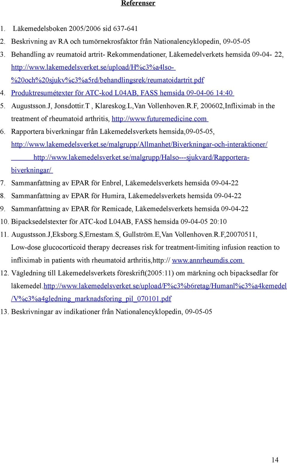 Produktresumétexter för ATC-kod L04AB, FA hemsida 09-04-06 14:40 5. Augustsson.J, Jonsdottir.T, Klareskog.L,Van Vollenhoven.R.F, 200602,Infliximab in the treatment of rheumatoid arthritis, http://www.