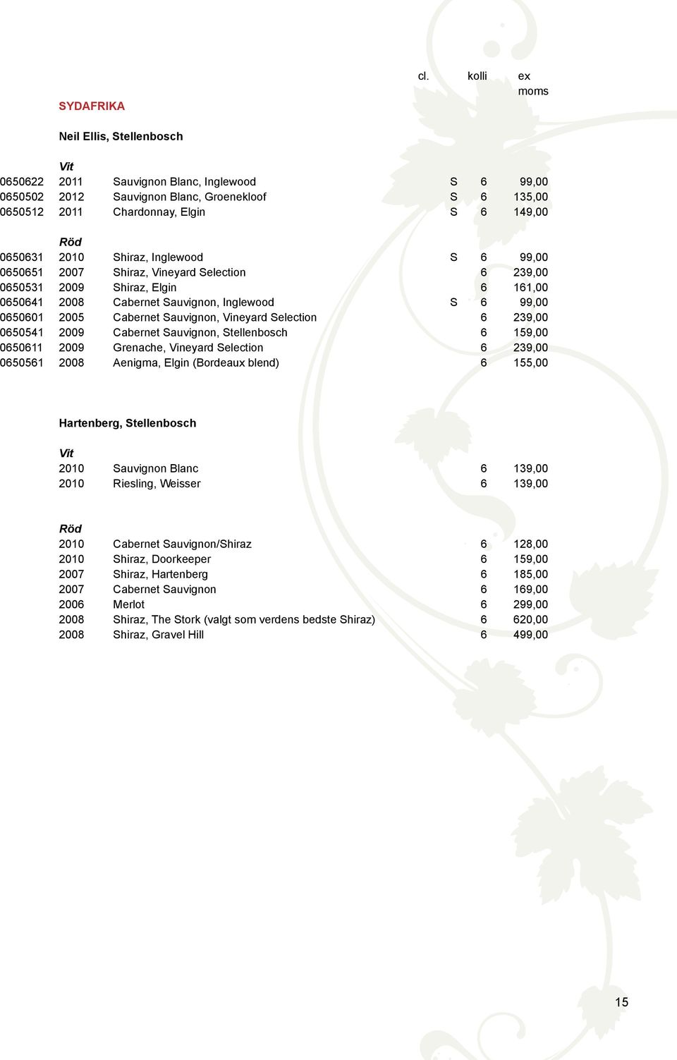 2010 Shiraz, Inglewood S 6 99,00 0650651 2007 Shiraz, Vineyard Selection 6 239,00 0650531 2009 Shiraz, Elgin 6 161,00 0650641 2008 Cabernet Sauvignon, Inglewood S 6 99,00 0650601 2005 Cabernet