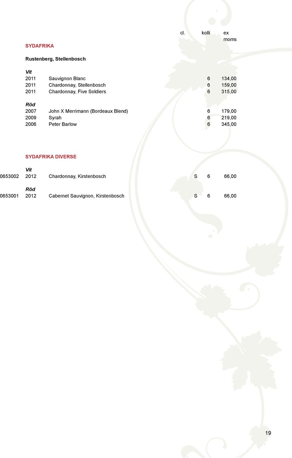 Stellenbosch 6 159,00 2011 Chardonnay, Five Soldiers 6 315,00 2007 John X Merrimann (Bordeaux