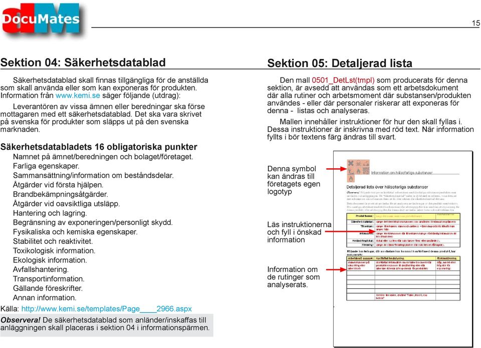 Det ska vara skrivet på svenska för produkter som släpps ut på den svenska marknaden. Säkerhetsdatabladets 16 obligatoriska punkter Namnet på ämnet/beredningen och bolaget/företaget.