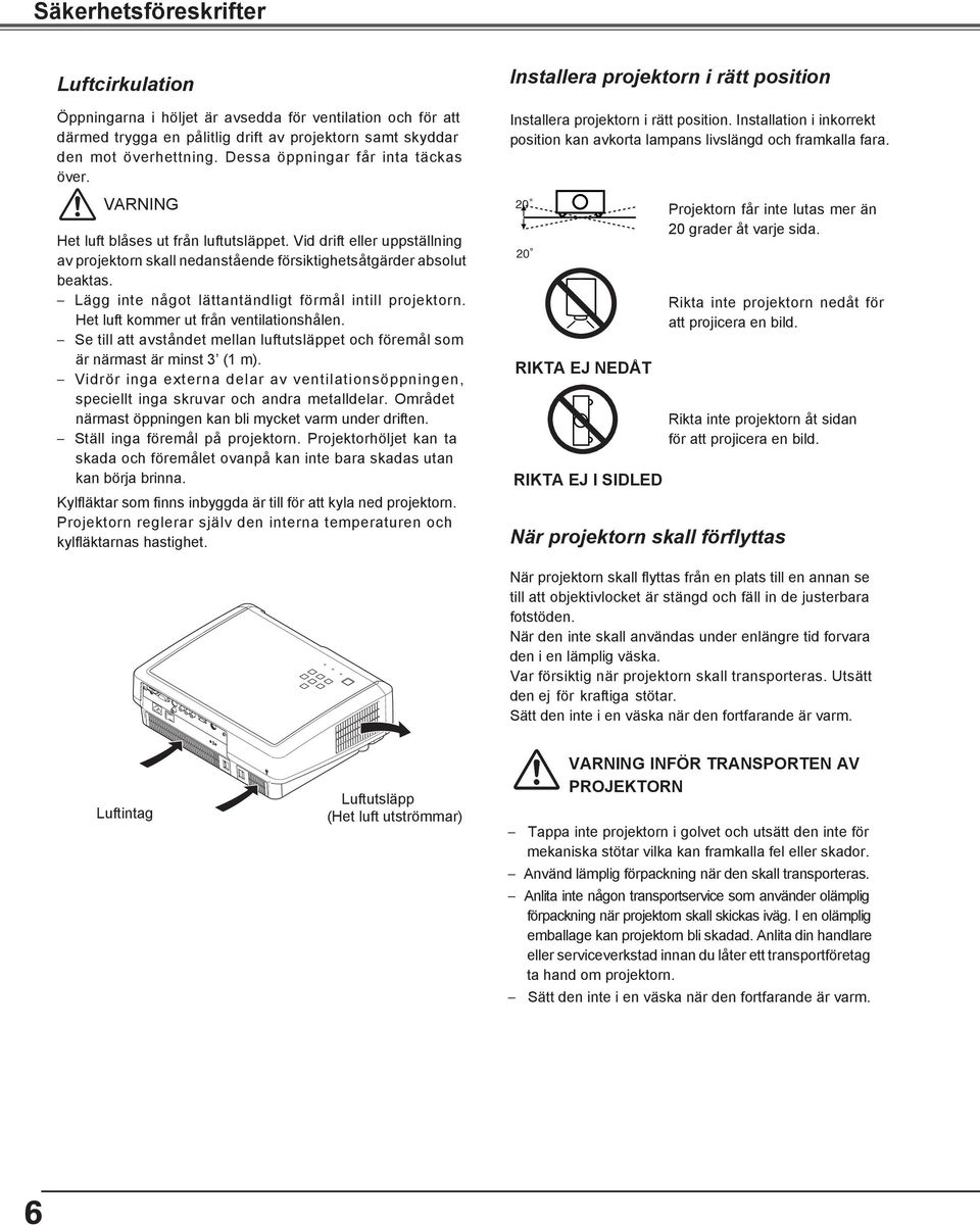 Lägg inte något lättantändligt förmål intill projektorn. Het luft kommer ut från ventilationshålen. Se till att avståndet mellan luftutsläppet och föremål som är närmast är minst 3 (1 m).