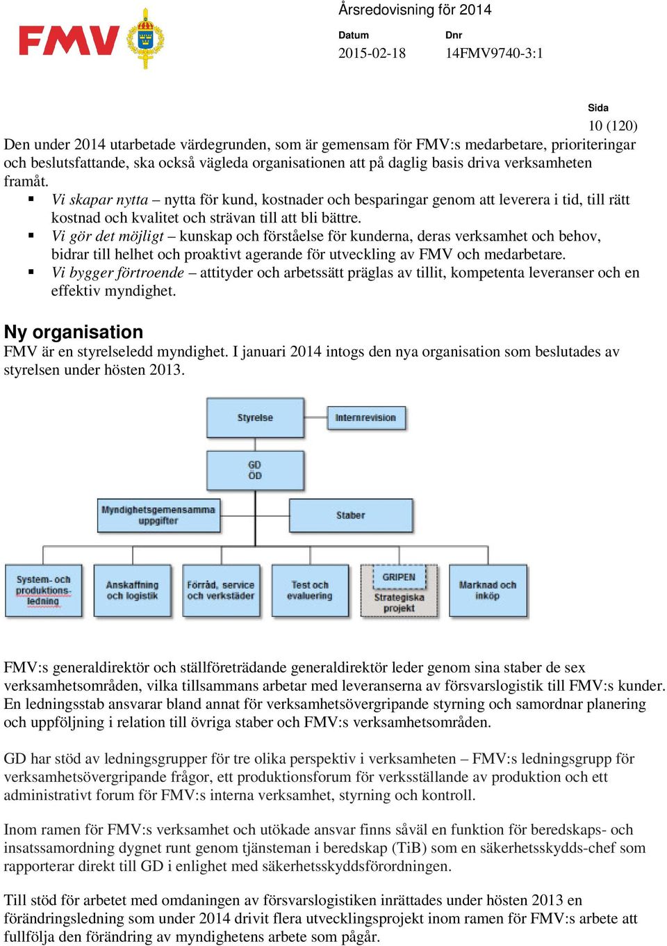 Vi gör det möjligt kunskap och förståelse för kunderna, deras verksamhet och behov, bidrar till helhet och proaktivt agerande för utveckling av FMV och medarbetare.