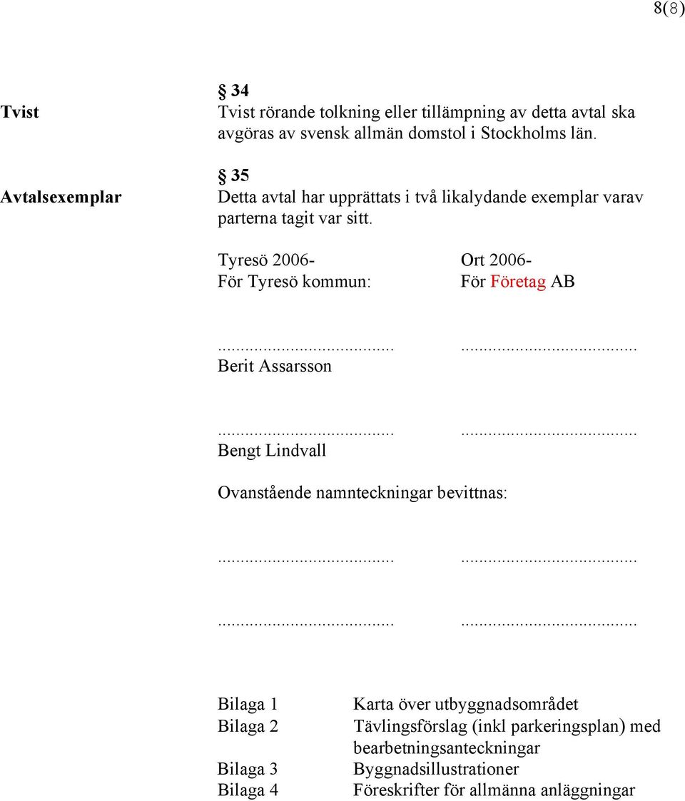 Tyresö 2006- Ort 2006- För Tyresö kommun: För Företag AB...... Berit Assarsson...... Bengt Lindvall Ovanstående namnteckningar bevittnas:.