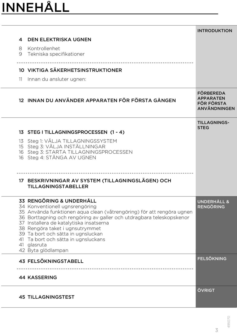 STÄNGA AV UGNEN TILLAGNINGS- STEG 17 BESKRIVNINGAR AV SYSTEM (TILLAGNINGSLÄGEN) OCH TILLAGNINGSTABELLER 33 RENGÖRING & UNDERHÅLL 34 Konventionell ugnsrengöring 35 Använda funktionen aqua clean