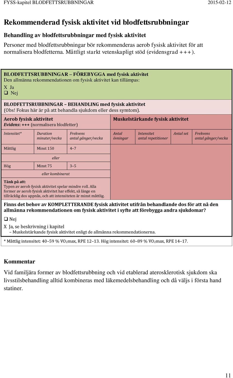 BLODFETTSRUBBNINGAR FÖREBYGGA med fysisk aktivitet Den allmänna rekommendationen om fysisk aktivitet kan tillämpas: X Ja Nej BLODFETTSRUBBNINGAR BEHANDLING med fysisk aktivitet (Obs!