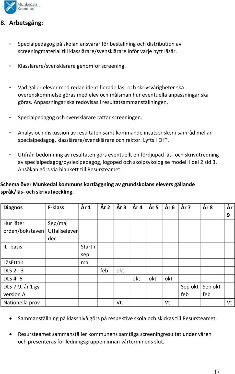 Anpassningar ska redovisas i resultatsammanställningen. Specialpedagog och svensklärare rättar screeningen.