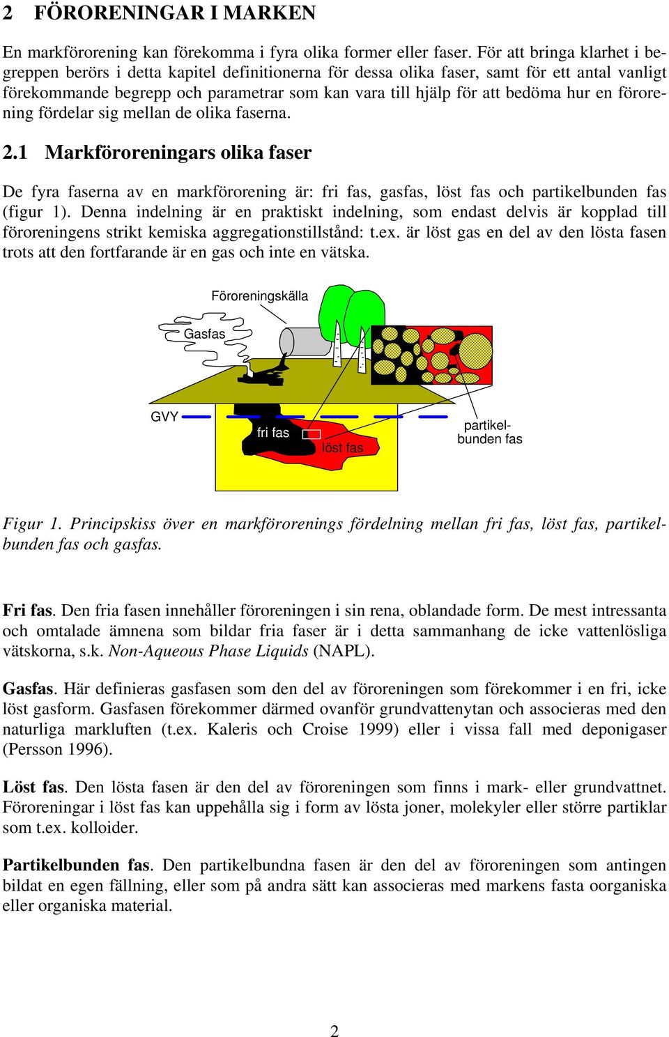 hur en förorening fördelar sig mellan de olika faserna. 2.1 Markföroreningars olika faser De fyra faserna av en markförorening är: fri fas, gasfas, löst fas och partikelbunden fas (figur 1).