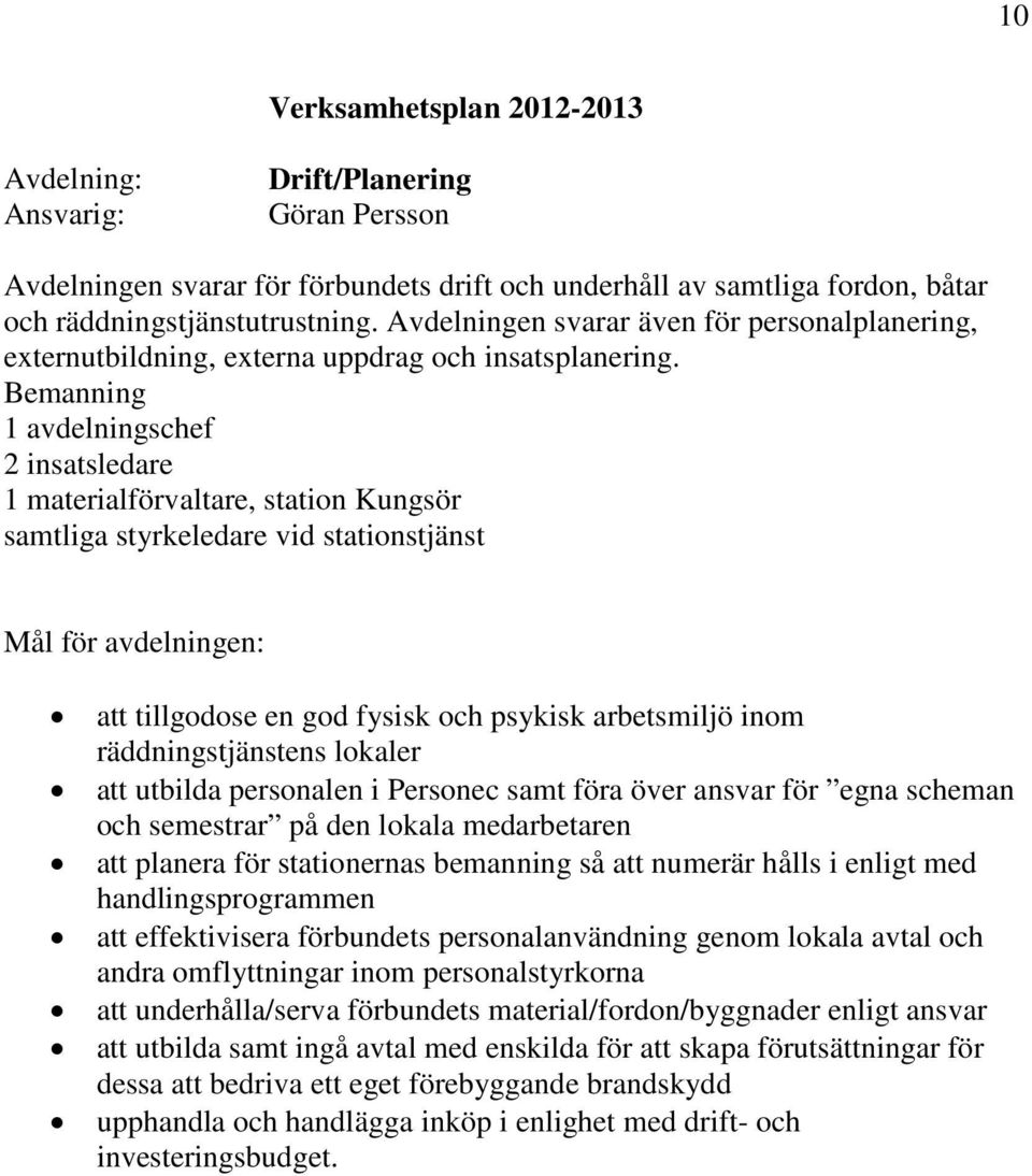 Bemanning 1 avdelningschef 2 insatsledare 1 materialförvaltare, station Kungsör samtliga styrkeledare vid stationstjänst Mål för avdelningen: att tillgodose en god fysisk och psykisk arbetsmiljö inom