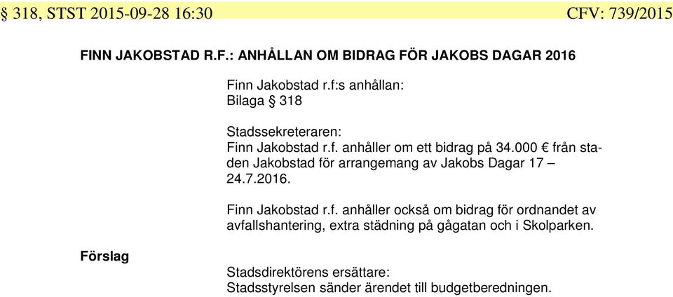000 från staden Jakobstad för arrangemang av Jakobs Dagar 17 24.7.2016. Finn Jakobstad r.f. anhåller också om bidrag för ordnandet av avfallshantering, extra städning på gågatan och i Skolparken.