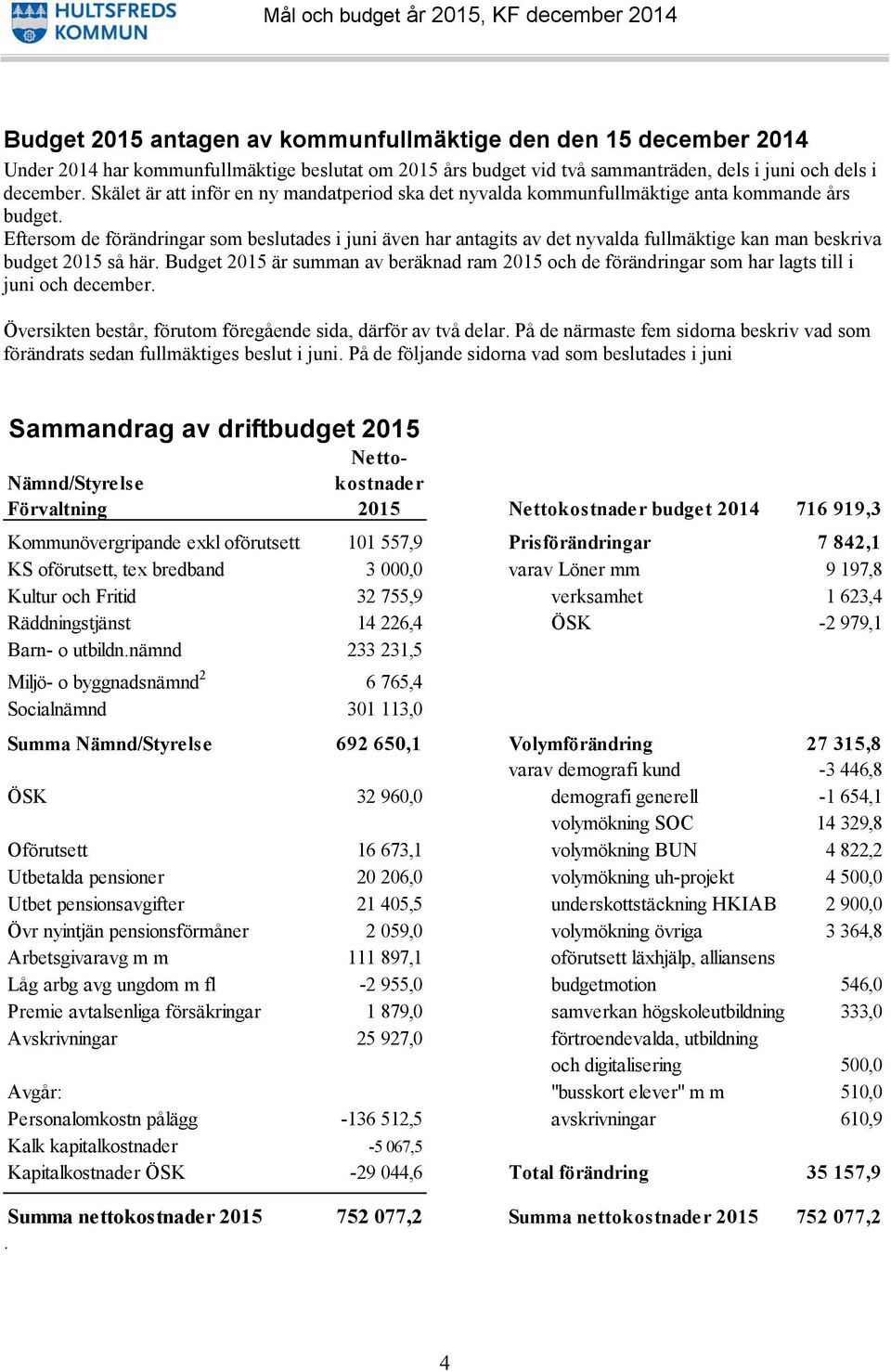 Eftersom de förändringar som beslutades i juni även har antagits av det nyvalda fullmäktige kan man beskriva budget 2015 så här.