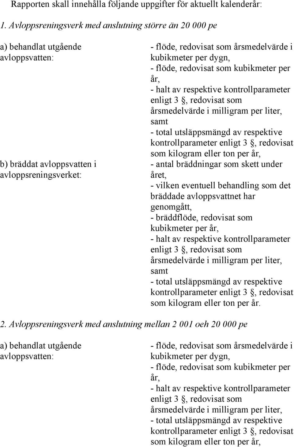 redovisat som kubikmeter per år, - halt av respektive kontrollparameter enligt 3, redovisat som årsmedelvärde i milligram per liter, samt - total utsläppsmängd av respektive kontrollparameter enligt