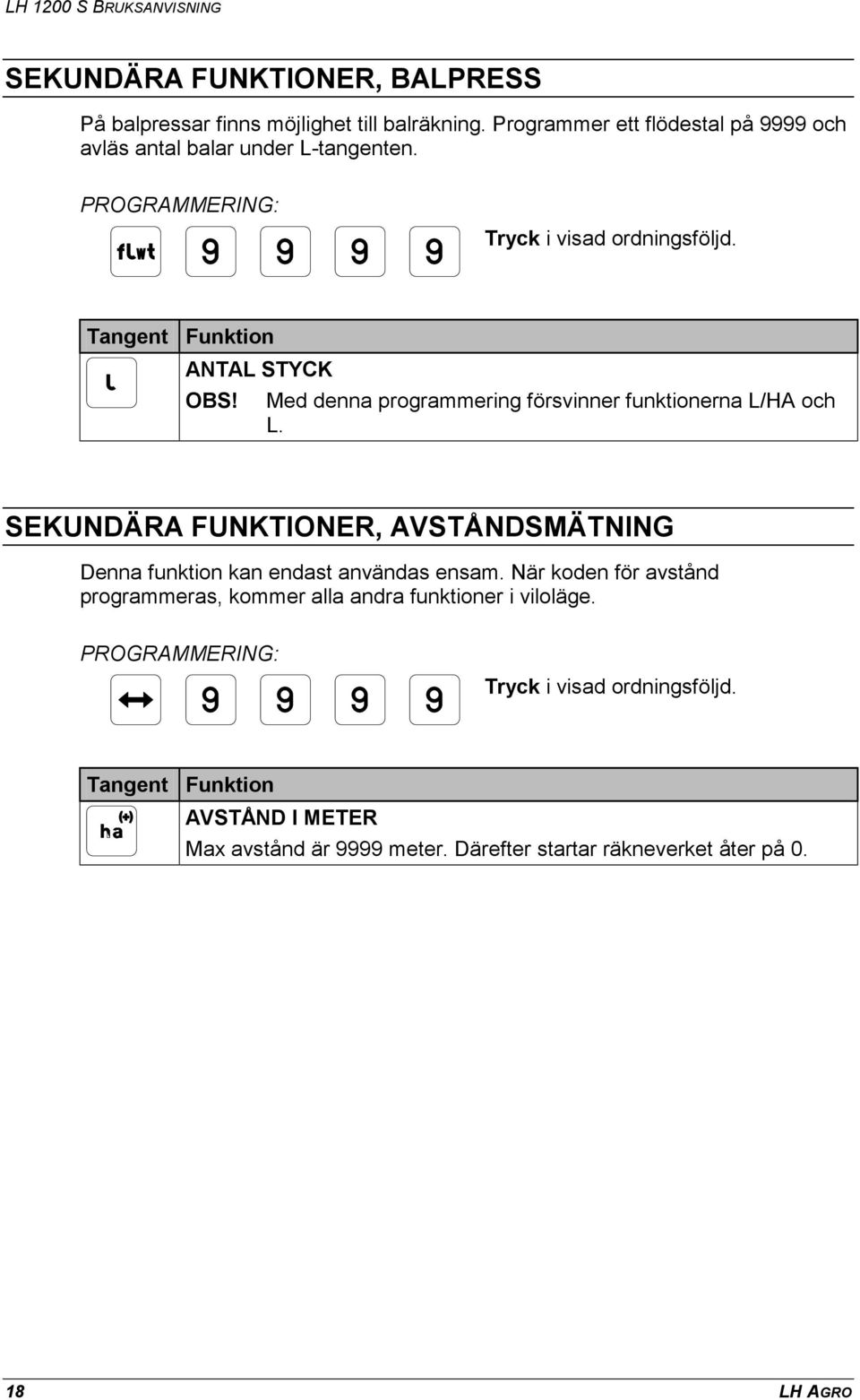 Med denna programmering försvinner funktionerna L/HA och L. SEKUNDÄRA FUNKTIONER, AVSTÅNDSMÄTNING Denna funktion kan endast användas ensam.