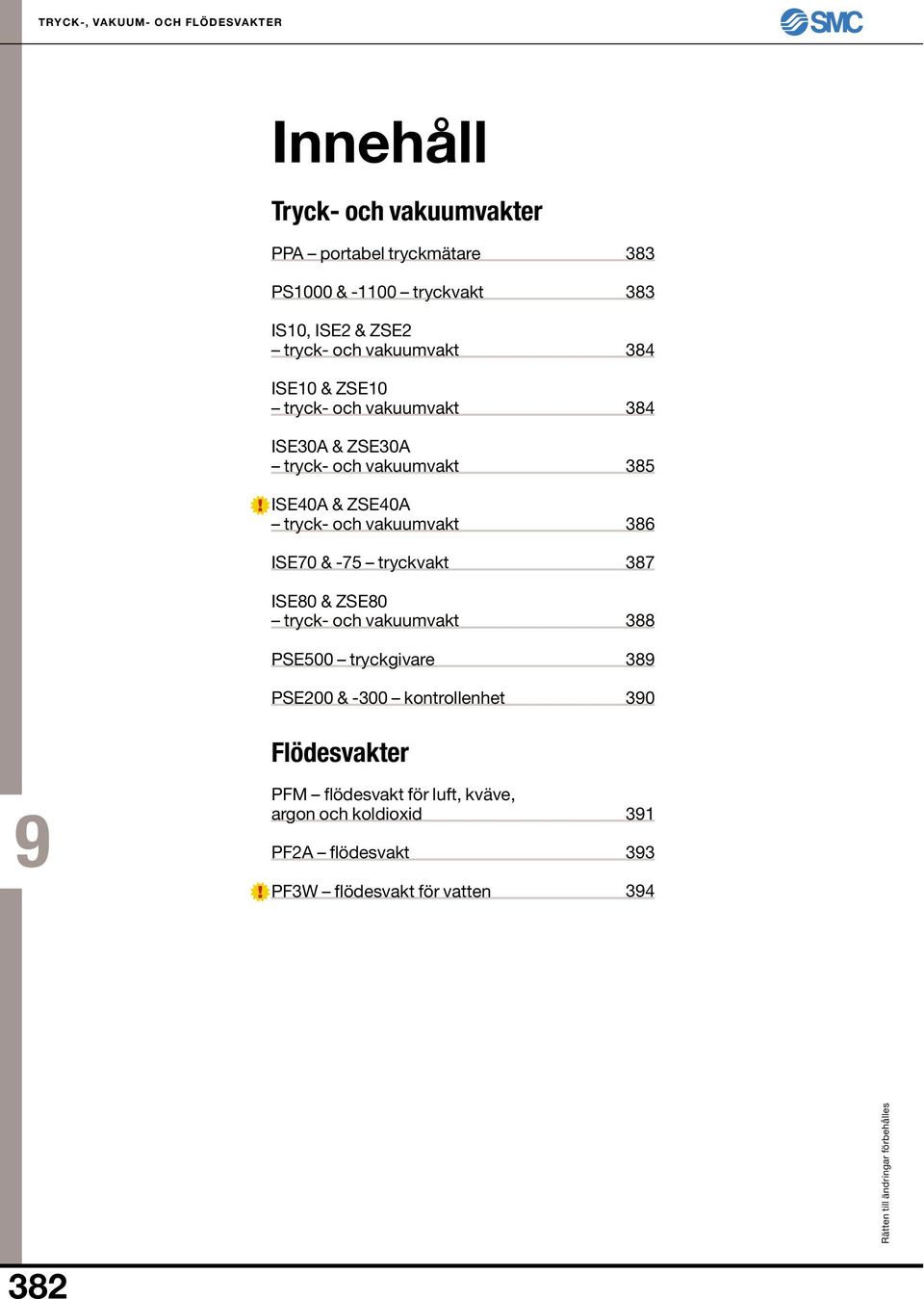 vakuumvakt ISE70 & -75 tryckvakt ISE80 & ZSE80 tryck- och vakuumvakt PSE500 tryckgivare PSE200 & -300 kontrollenhet 383 383 384 384